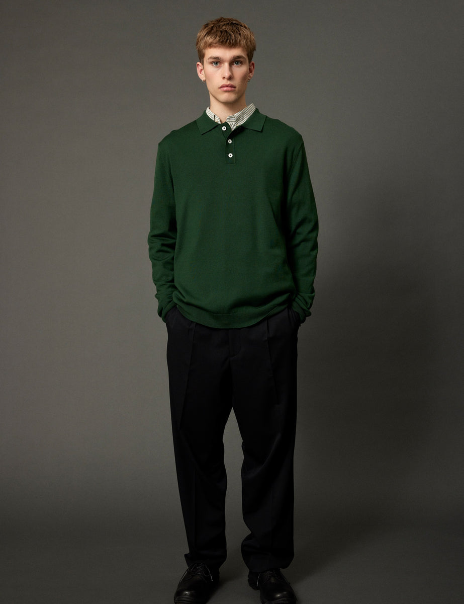 BASE MERINO POLO KNIT - DARK GREEN – foret BASE MERINO POLO KNIT - DARK GREEN – foret
