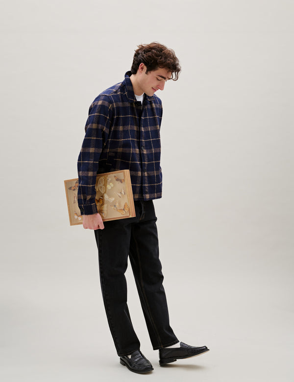 SUN WOOL RELAXED FIT CHECK OVERSHIRT - NAVY