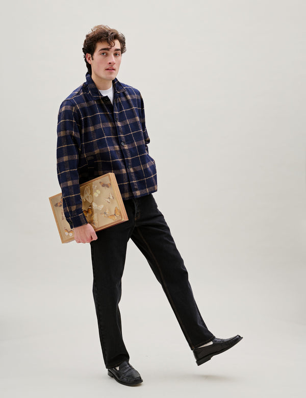SUN WOOL RELAXED FIT CHECK OVERSHIRT - NAVY