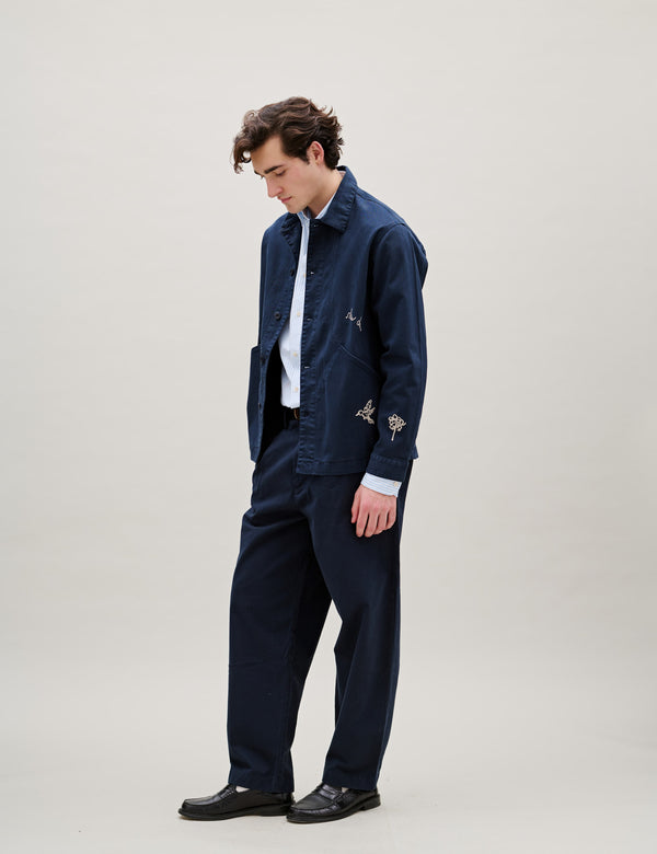 BERRY HERRINGBONE EMBROIDERY OVERSHIRT - NAVY