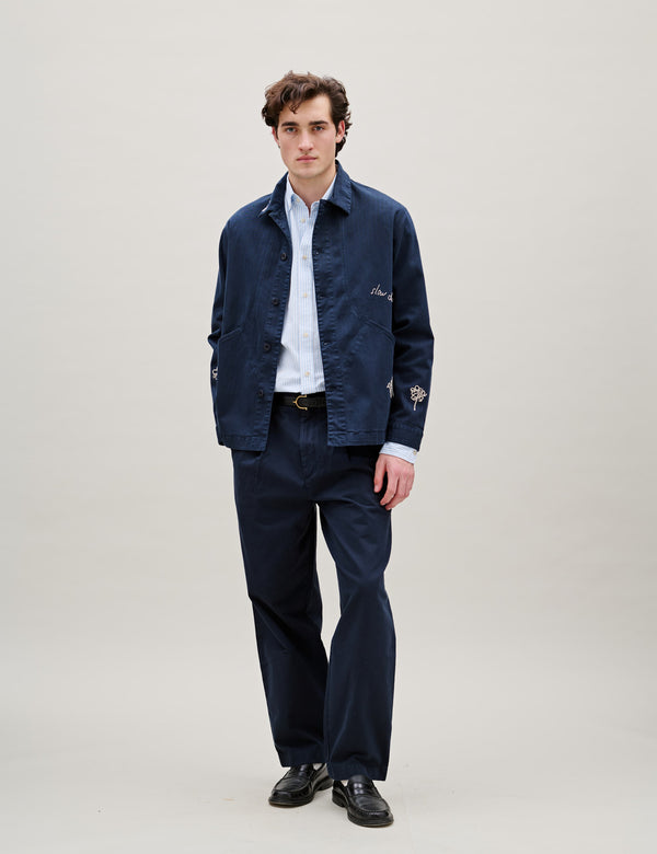 BERRY HERRINGBONE EMBROIDERY OVERSHIRT - NAVY