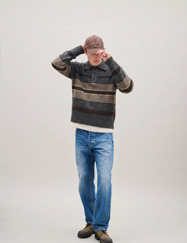 DAWN STRIPE KNIT POLO - GREY MELANGE