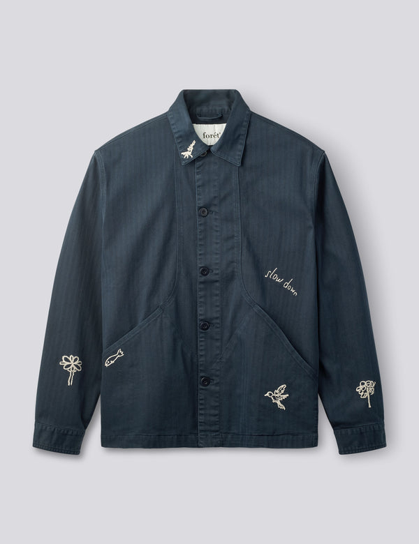 BERRY HERRINGBONE EMBROIDERY OVERSHIRT - NAVY