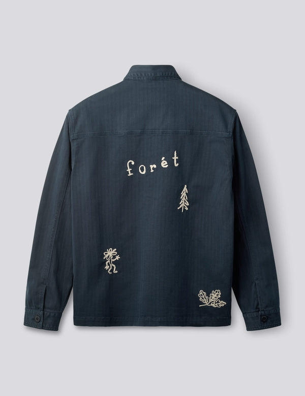 BERRY HERRINGBONE EMBROIDERY OVERSHIRT - NAVY