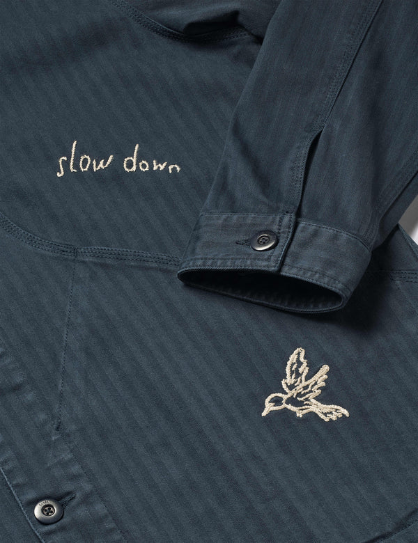 BERRY HERRINGBONE EMBROIDERY OVERSHIRT - NAVY