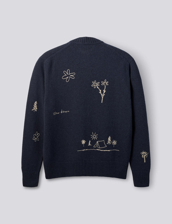 BIRD EMBROIDERY KNIT JACKET - NAVY