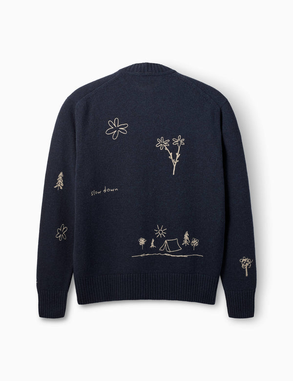 BIRD EMBROIDERY KNIT JACKET - NAVY