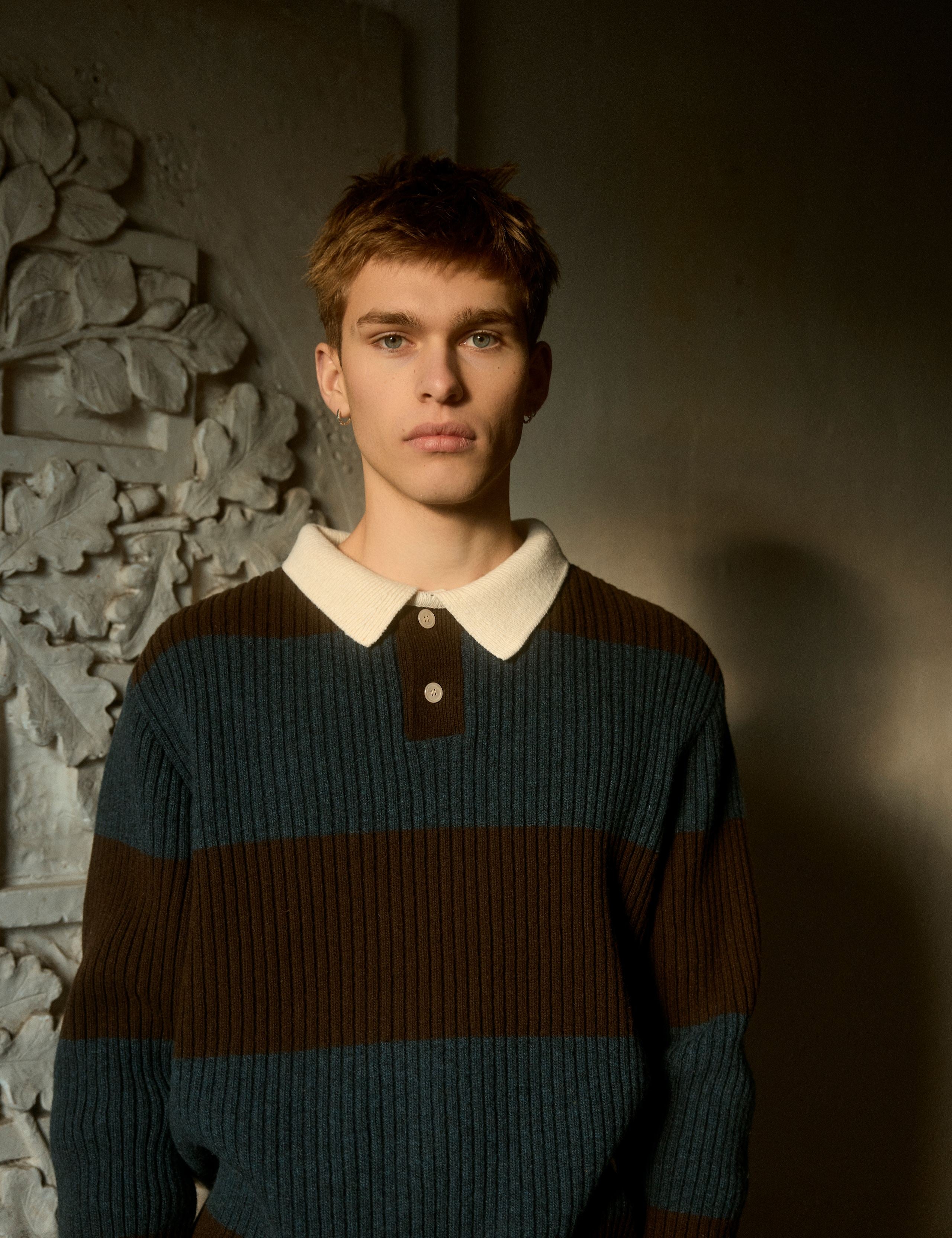 SOW RIB POLO KNIT - BLUE/BROWN