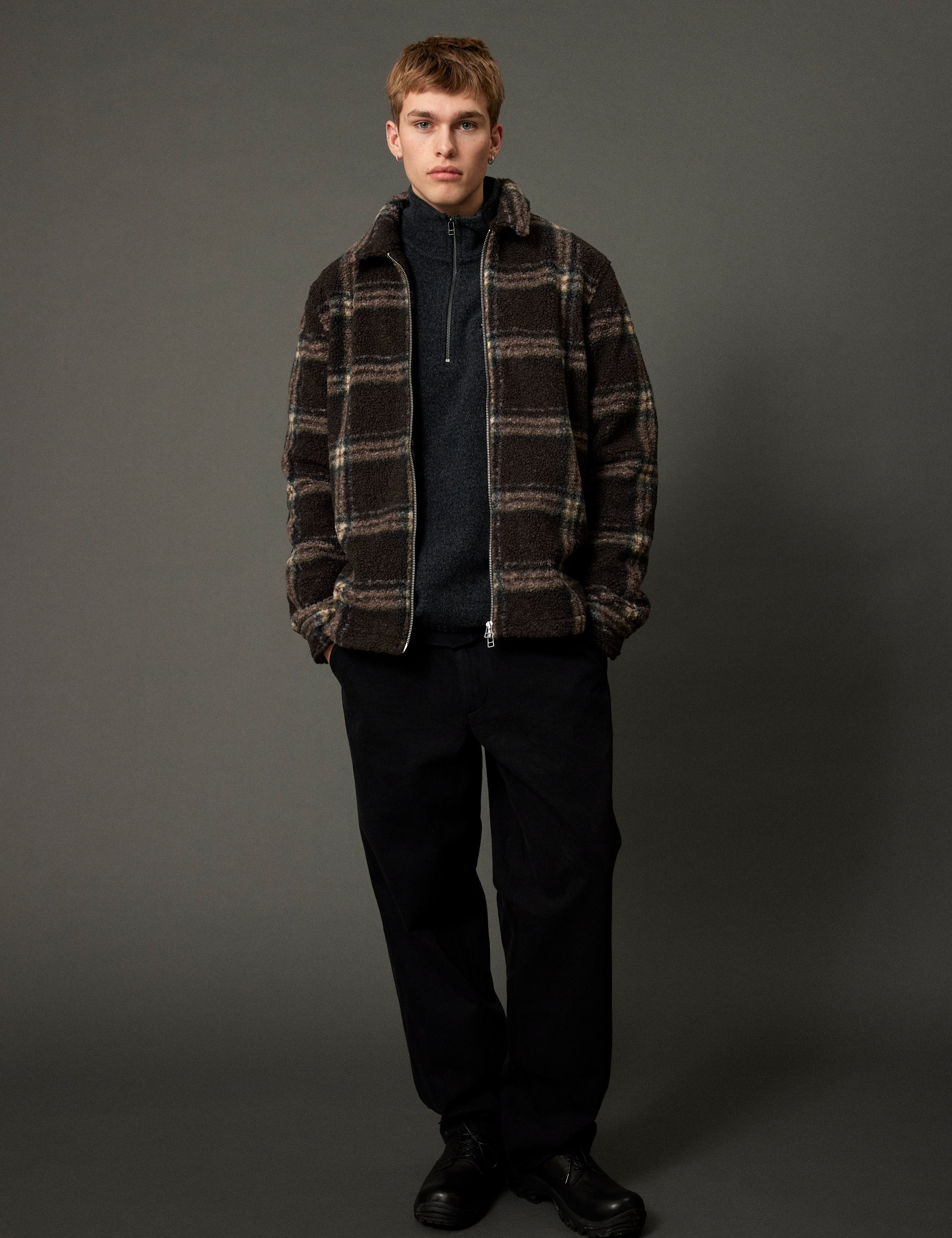 CABIN ZIP FLEECE - BROWN/CHECK
