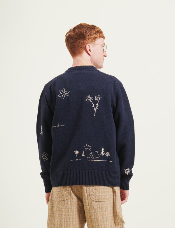 BIRD EMBROIDERY KNIT JACKET - NAVY