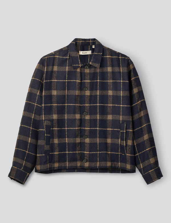 SUN WOOL RELAXED FIT CHECK OVERSHIRT - NAVY