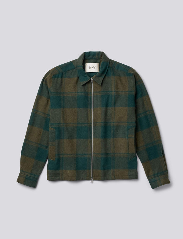 RAVEN WOOL ZIP OVERSHIRT - DARK GREEN CHECK